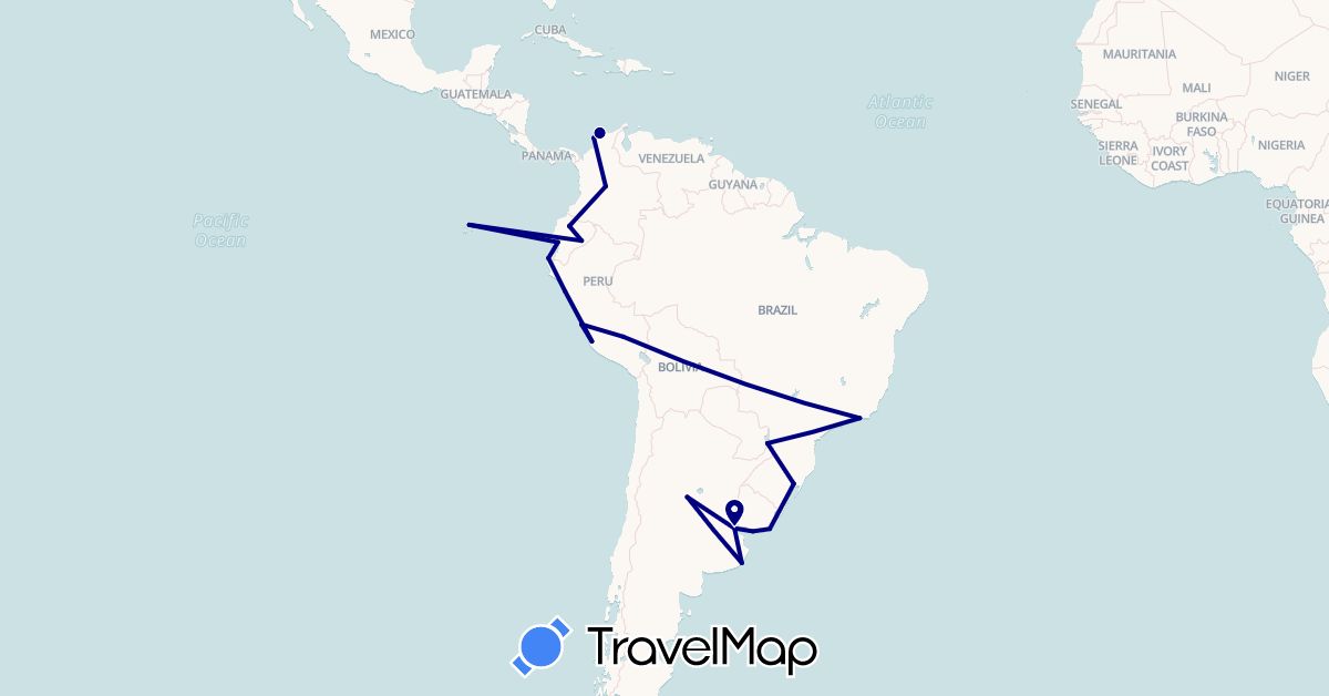 TravelMap itinerary: driving in Argentina, Brazil, Colombia, Ecuador, Peru, Uruguay (South America)